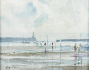 Figures On A Beach At Low Tide With Harbour Wall Beyond — Edward Seago