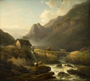 A Mountain Stream with a Peasant Driving Cattle over a Rustic Bridge