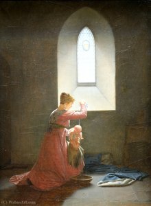 Genevieve of Brabant in prison baptizing his son.