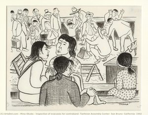 Durchsuchung Von Evakuierten Auf Schmuggelware, Tanforan Assembly Center, San Bruno, Kalifornien, 1942 — Miné Okubo
