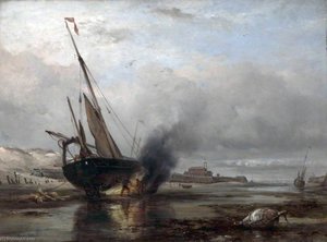 Breaming A Calais Lugger At Low Water — Edward William Cooke