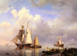 Vessels At Anchor In An Estuary — Hermanus Koekkoek (the Elder)