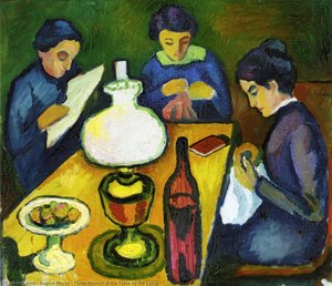 Three Women At The Table By The Lamp — August Macke