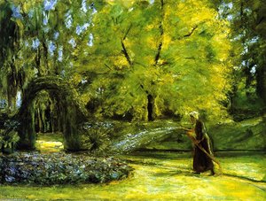 Das Kreisrunde Blumenbeet Im Hecken-garten Mit Einer Frau Beim Blumengießen — Max Liebermann