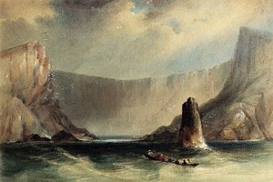 Island Of St Paul - A Tender Entering A Rocky Inlet, A Bivouac With A Flag Flying On The Shore Beyond — Conrad Martens