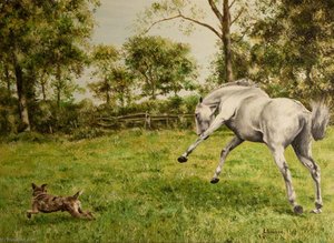 Grey Horse And A Dog In A Field — John Andrew Lawson