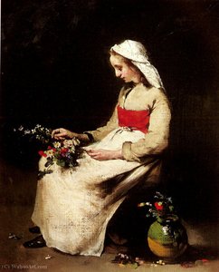 A Girl Arranging A Vase Of Flowers — Theodule Augustine Ribot