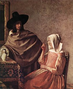 A Lady Drinking And A Gentleman (detail) — Johannes Vermeer