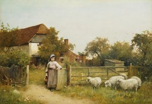 Young Girl With Sheep, By A Cottage — Benjamin D. Sigmund