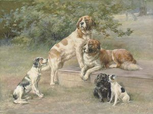Wo St. Bernards, A Black Cocker Spaniel, An English Setter And A Black And White Terrier — Edmund Henry Osthaus