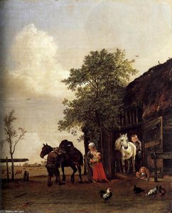 Figures With Horses By A Stable — Paolo Potter
