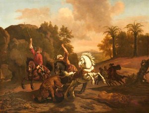 Orientals Spearing A Lion Devouring A Fallen Rider, With A Dead Lion And Other Horsemen — Dirck Van Den Bergen