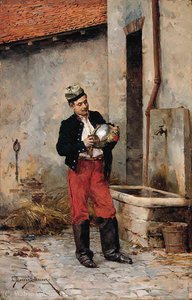 A french cuirassier polishing his helmet