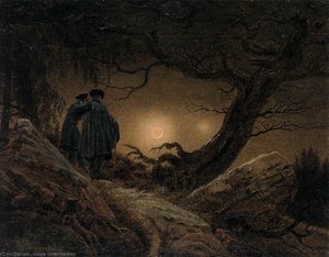 two men contemplating the moon