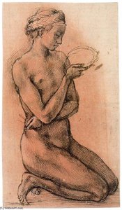 Kneeling Female Nude In Profile (recto) — Michelangelo Buonarroti