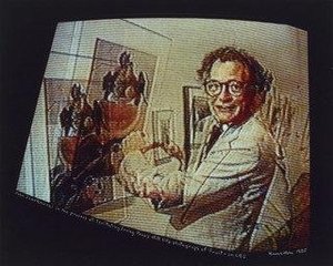 John Szarkowski in the process of levitating Irving Penn's still life photograph of Fruit on CBS