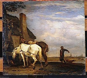 Deux Chevaux De Trait Devant Une Chaumiere — Paolo Potter