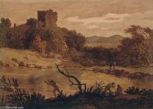 A Landscape With Men Bathing And A Ruined Tower Beyond
