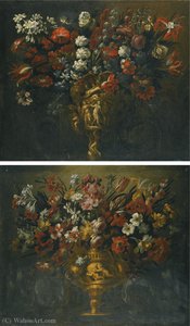 A pair of flower still lifes in sculpted vases, flanked by sculpted scrollwork