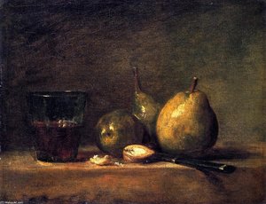 Three Pears, Walnuts, Glass Of Wine And Knife — Jean Siméon Chardin
