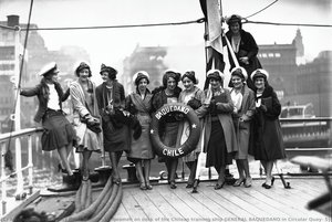 Ten women on deck of the Chilean training ship GENERAL BAQUEDANO in Circular Quay, Sydney