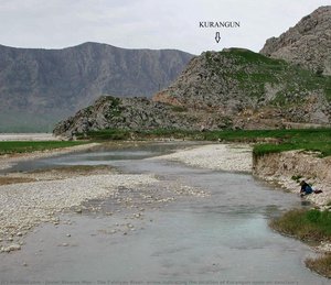 The Fahliyan River, arrow indicating the location of Kurangun open-air sanctuary